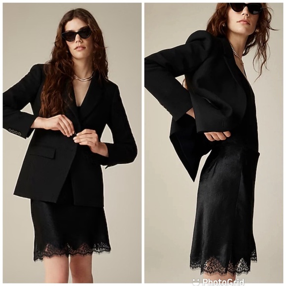 J.Crew Gwen lace-trim slip skirt in textured satin in Black New with Tags! - Picture 1 of 5